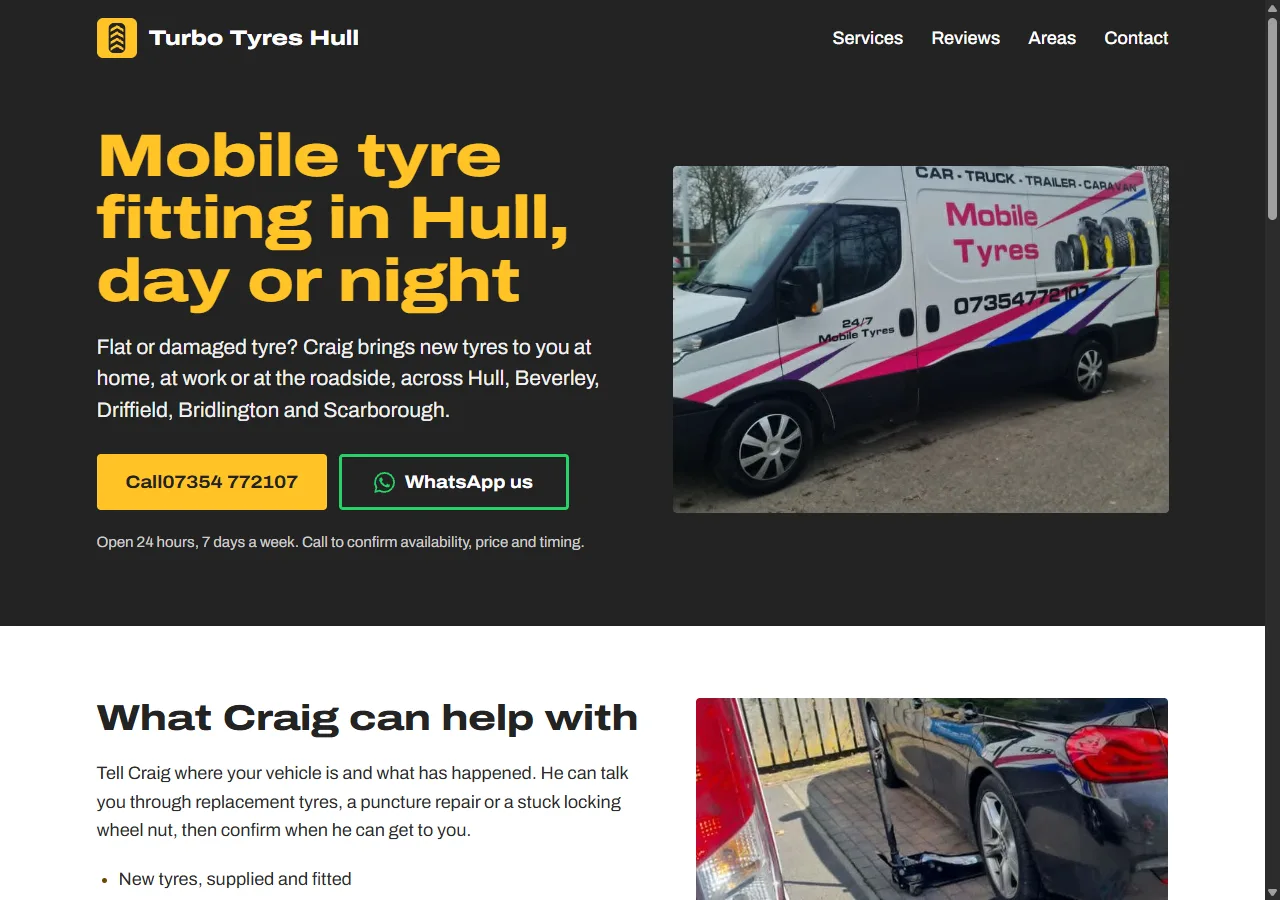 Turbo Tyres Hull website with a yellow mobile tyre fitting headline, contact buttons and a photograph of the service van.